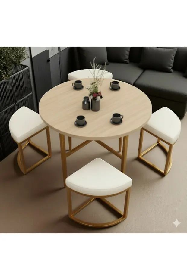 ALARA GOLD METAL YUVARLAK YEMEK MASASI TAKIMI 4 KİŞİLİK BALKON MASASI TAKIMI